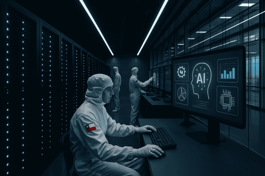 Centro de supercómputo CENIA para inteligencia artificial Chile con infraestructura avanzada, servidores especializados e ingenieros monitoreando sistemas