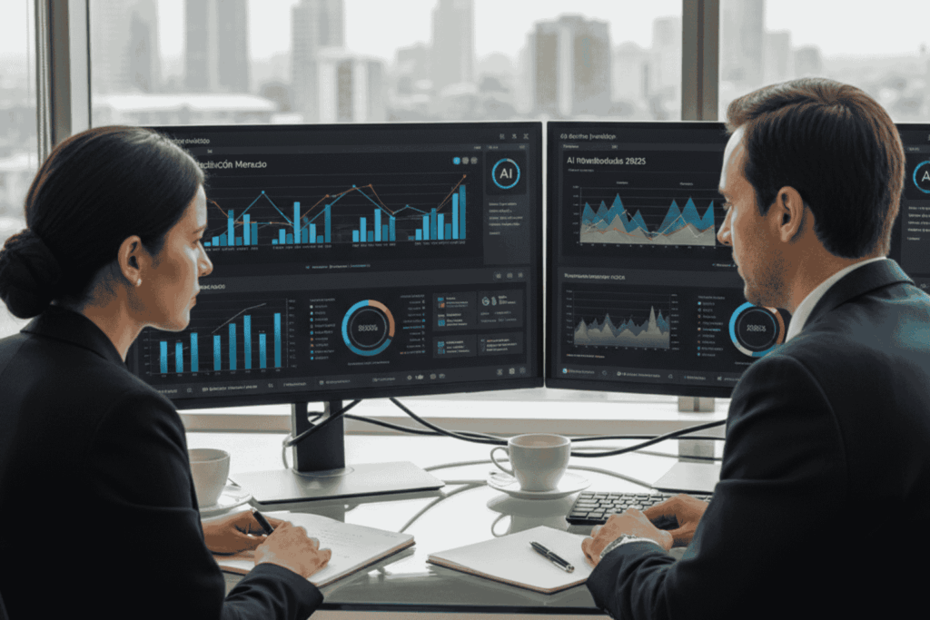 Ejecutivos chilenos analizando predicciones de mercado con IA