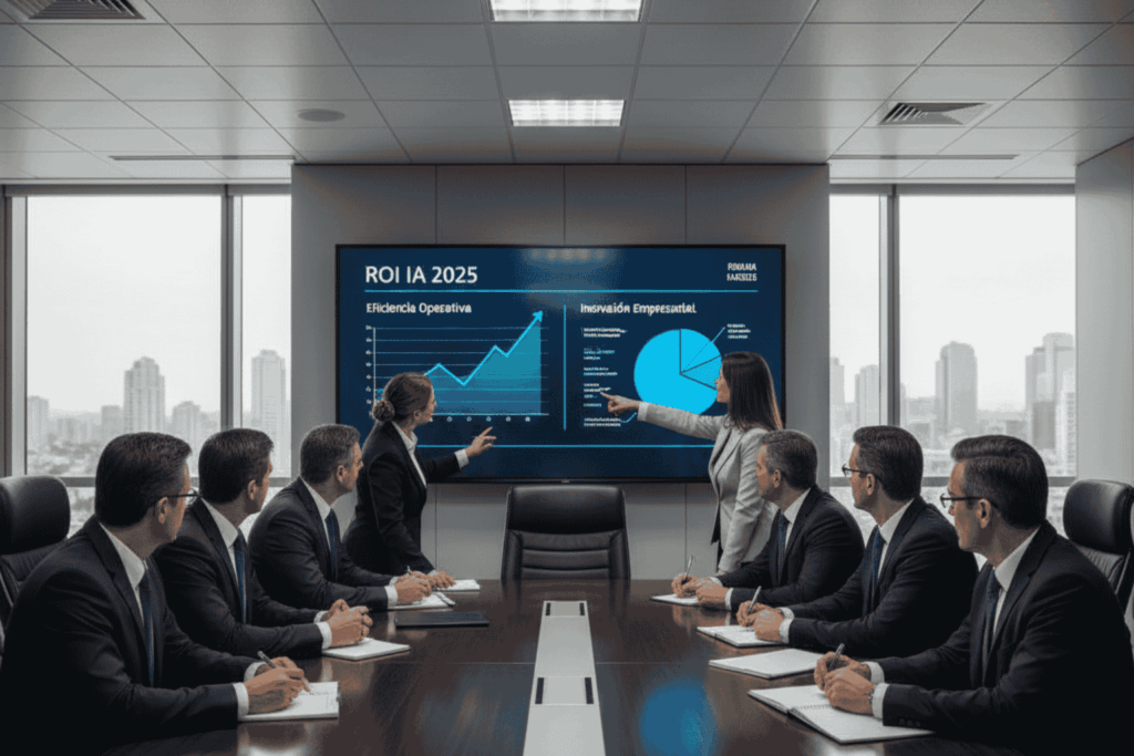 Ejecutivos chilenos evaluando indicadores de ROI con apoyo de IA