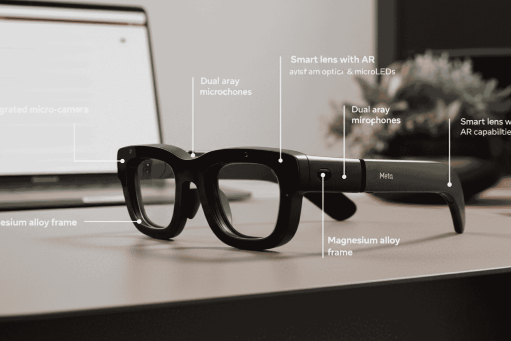 Primer plano de las gafas IA Meta Chile mostrando cámara y micrófonos integrados