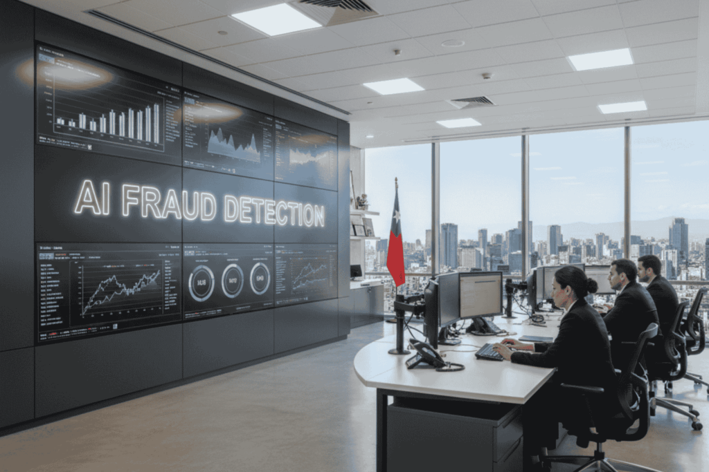 Oficina bancaria en Chile con sistemas de IA para detección de fraudes en tiempo real
