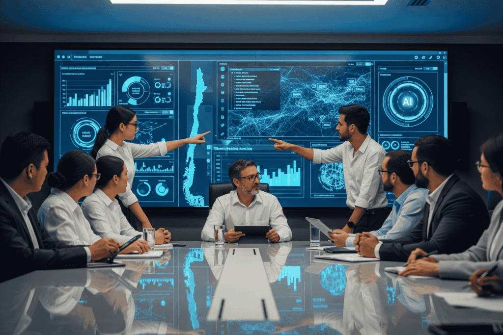 Reunión de trabajo implementación IA en empresas chilenas