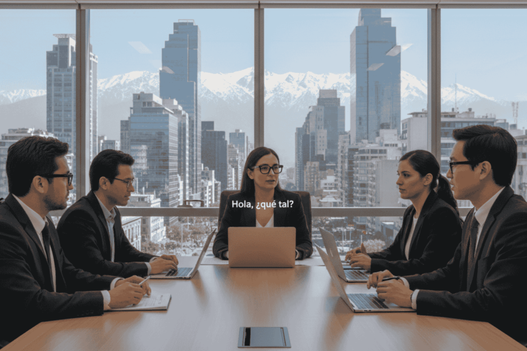 Ejecutivo chileno usando gafas IA Meta Chile en reunión de negocios con traducción en tiempo real