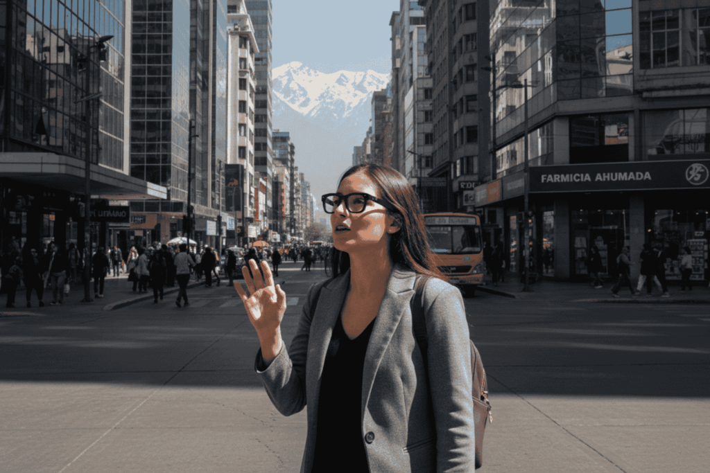 Profesional joven en Santiago usando gafas IA Meta Chile en entorno urbano