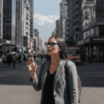 Profesional joven en Santiago usando gafas IA Meta Chile en entorno urbano
