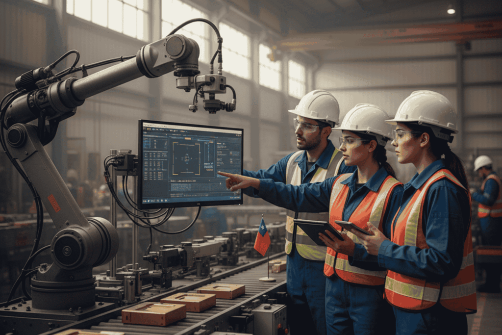 Ingenieros chilenos utilizando sistemas de visión computacional para inspección de calidad automatizada en una planta industrial.
