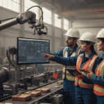 Ingenieros chilenos utilizando sistemas de visión computacional para inspección de calidad automatizada en una planta industrial.