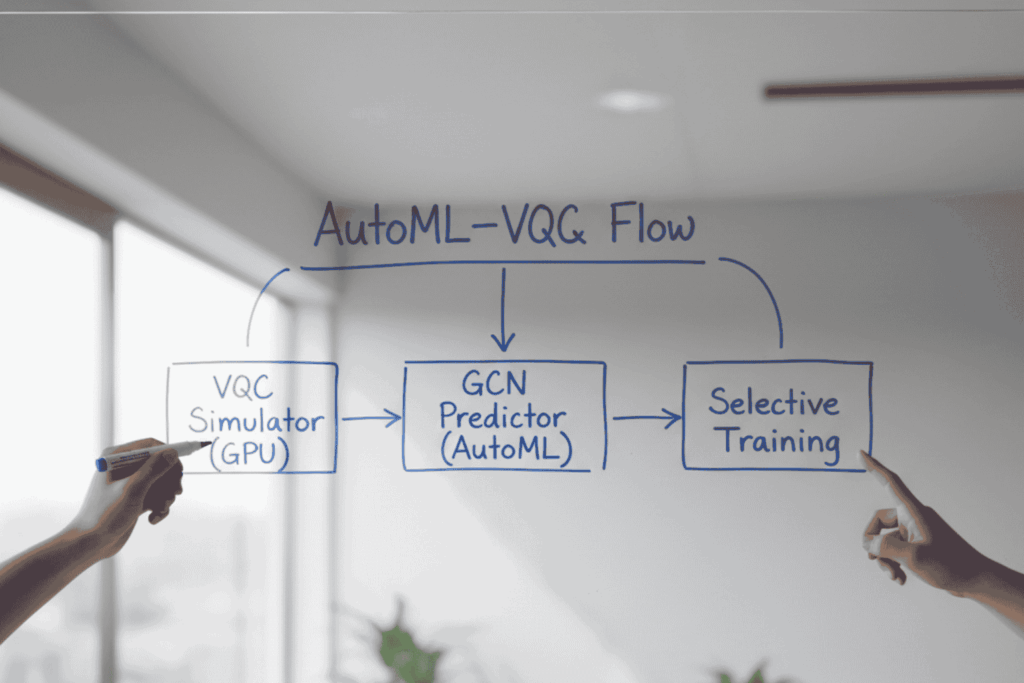 Ingenieros chilenos trabajando en diagrama AutoML-VQC con luz natural.
