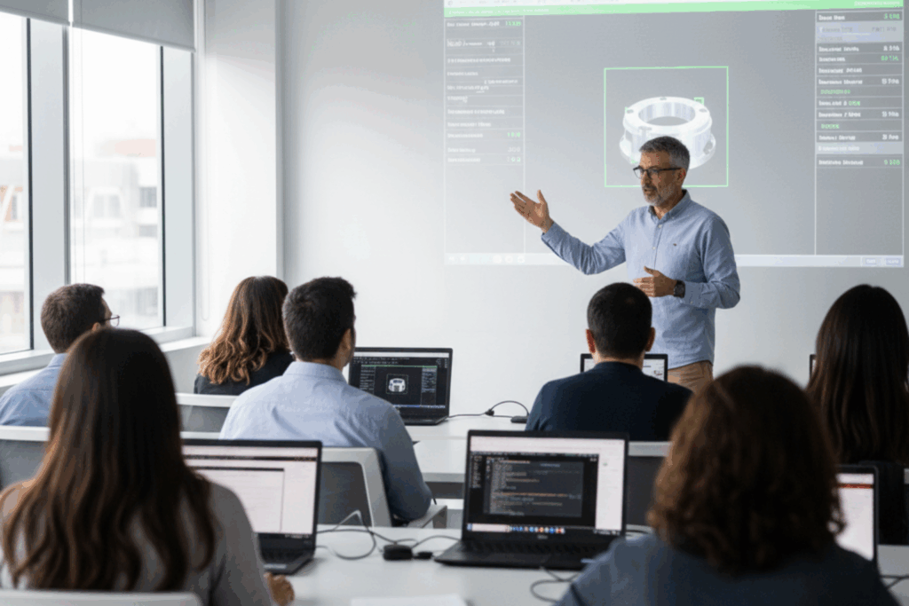 Julio Hofflinger dirigiendo una capacitación en Industria Visión Computadora IA en Santiago, con profesionales aplicando modelos visuales en laptops y proyección de resultados.
