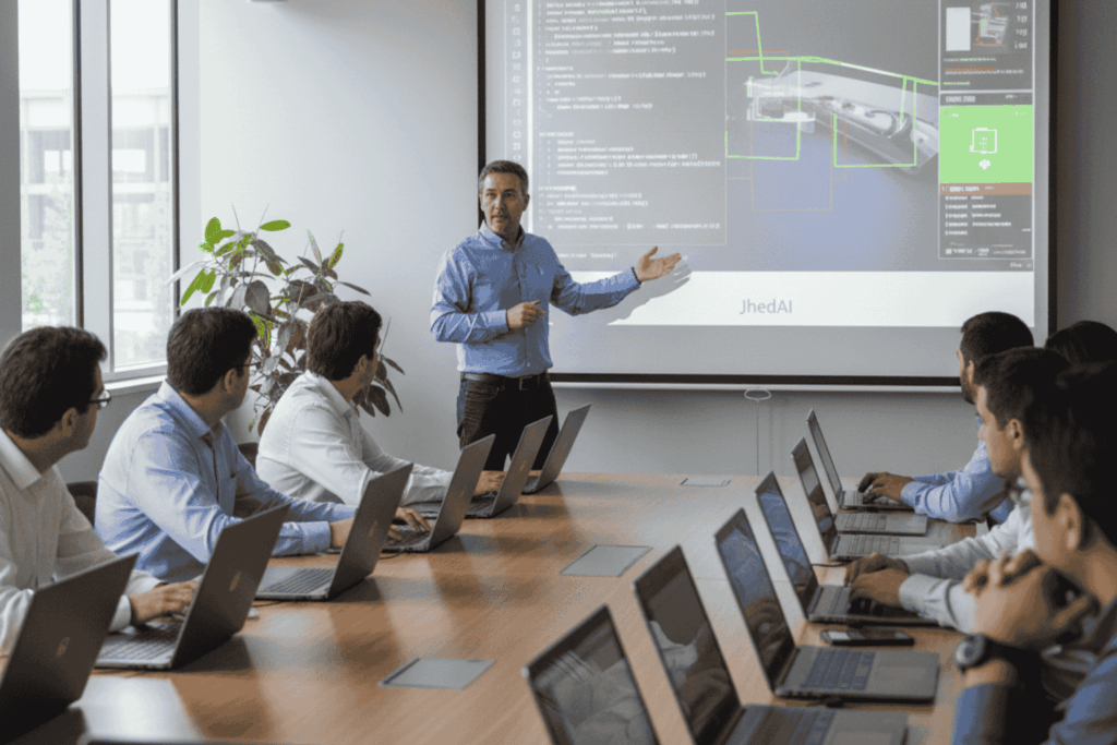 Capacitación en Manufactura IA — JhedAI Formación ulio Hofflinger liderando una capacitación en Manufactura Visión Computadora IA en JhedAI Santiago, con profesionales aplicando modelos visuales industriales.