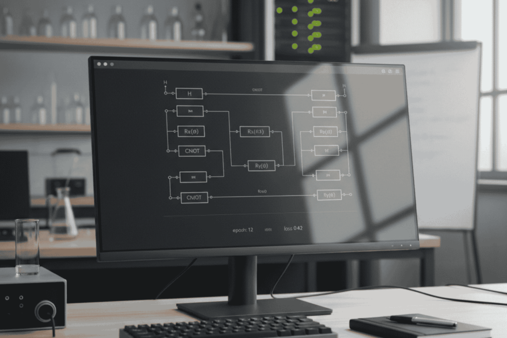 Pantalla digital mostrando un circuito cuántico variacional optimizado por IA.