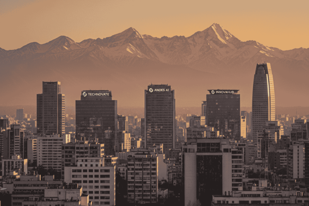 Panorámica de Santiago de Chile mostrando el ecosistema de empresas IA y visión computacional con Andes al fondo.
