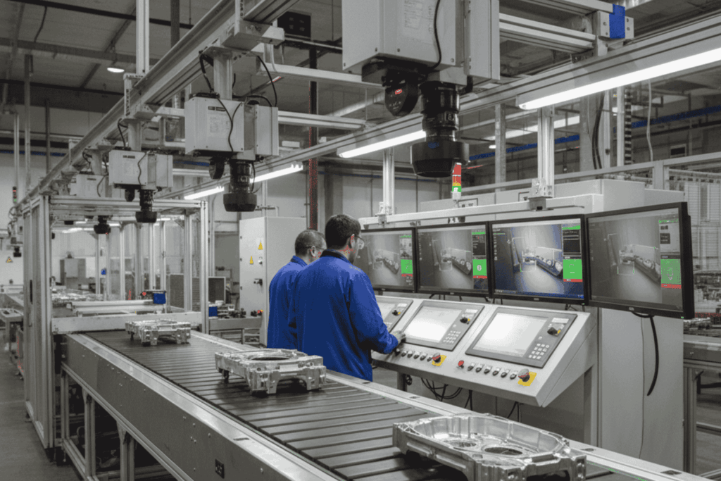 Manufactura Visión Computadora IA — Inspección de Componentes Metálicos Sistema de visión computacional con IA inspeccionando componentes metálicos en una planta de manufactura chilena, desarrollado por JhedAI.