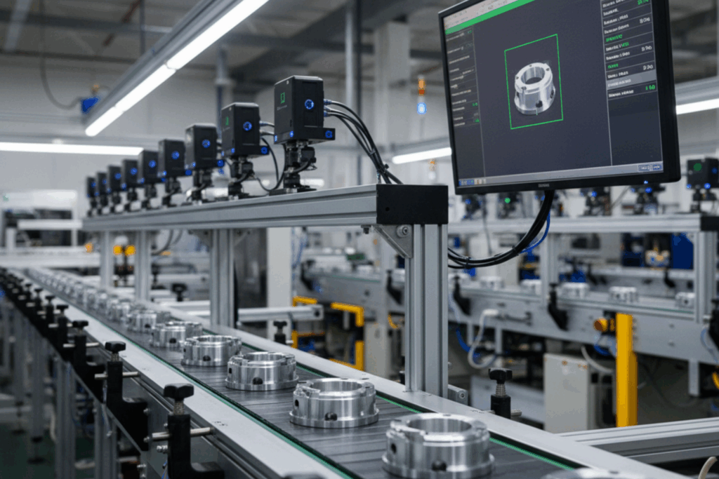 Sistema de visión por computadora industrial con IA inspeccionando productos en línea de producción chilena, mostrando detección automática en tiempo real.