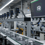 Sistema de visión por computadora industrial con IA inspeccionando productos en línea de producción chilena, mostrando detección automática en tiempo real.