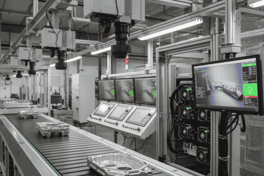 Línea de producción automatizada equipada con cámaras de visión computacional e inteligencia artificial industrial desarrollada por JhedAI en Chile.