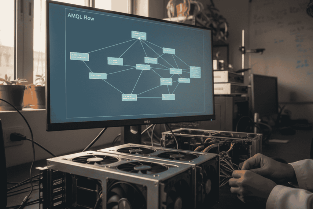 Estación GPU visualizando el flujo AMQL en un modelo de Lenguaje Cuántico IA desarrollado por JhedAI en laboratorio chileno.
