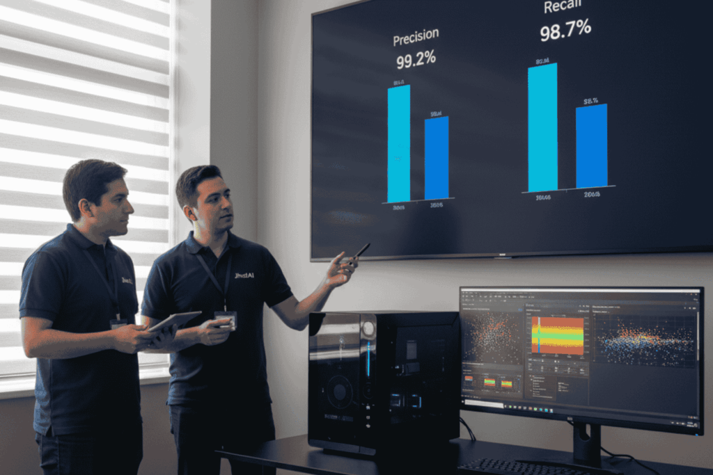 Ingenieros chilenos revisando métricas de precisión y recall de visión computacional IA desarrollada por JhedAI.