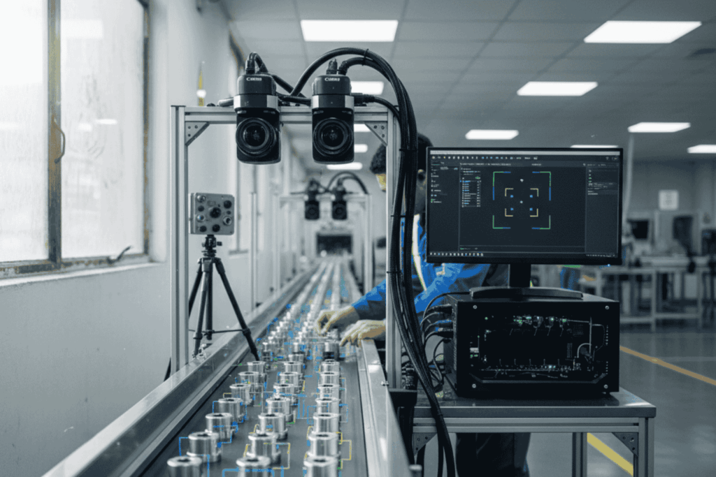 Cámaras industriales de JhedAI analizando componentes metálicos en planta chilena con IA visual aplicada a control de calidad.